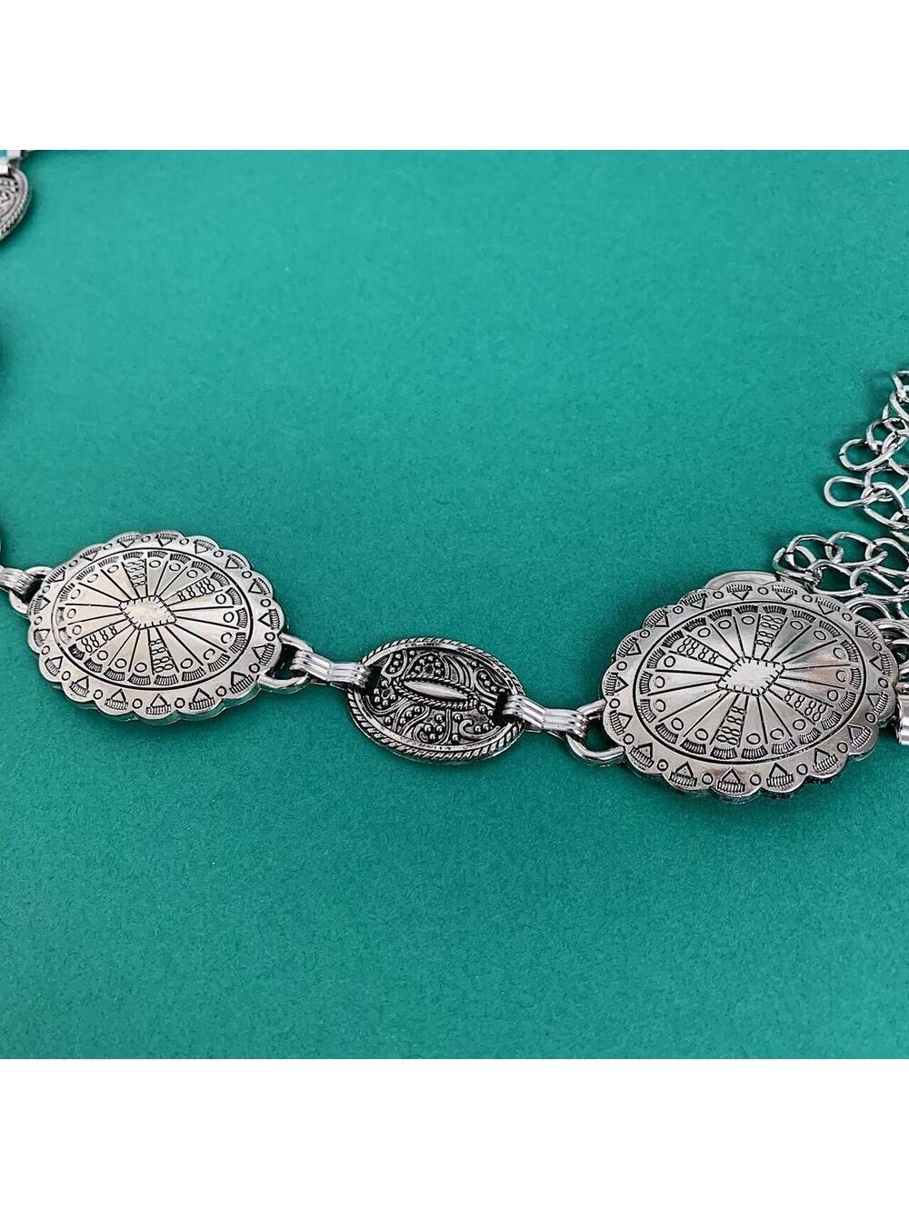 Silver western belt with silver buckle and metal sun and moon charms. Fits most - Picture 2 of 8